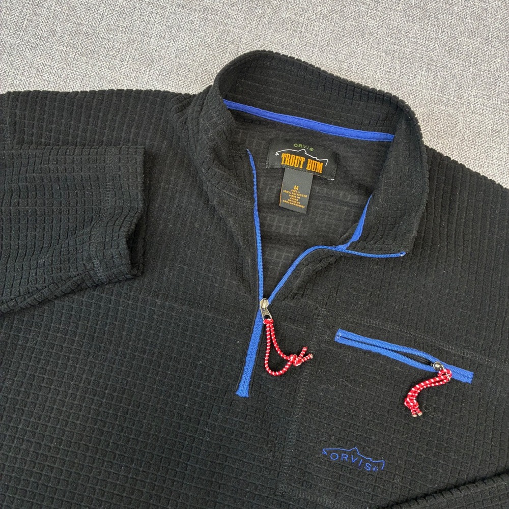 Orvis Trout Bum Pullover Mens Size M Black Waffle Grid Fleece 1/4 Zip Fishing